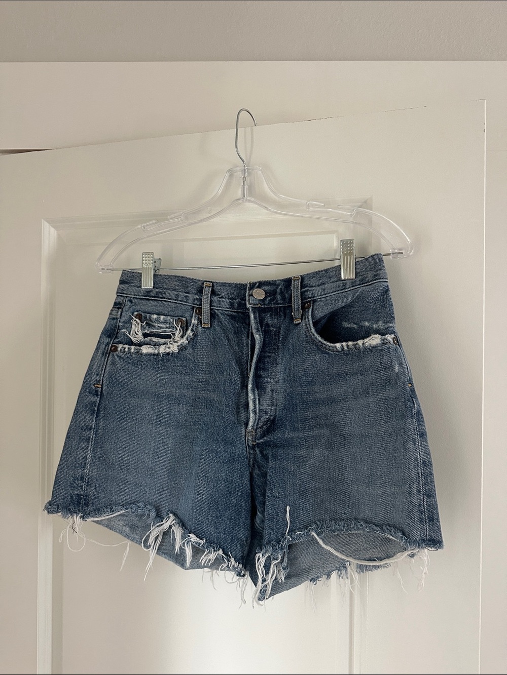 Agolde Parker Distressed High-Waist Denim Shorts, Size 25